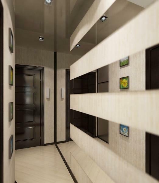 Mirrors and stretch ceilings in the hallway will create the illusion of increasing space