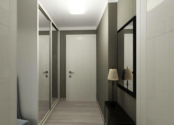 For a narrow hallway, the built-in closet, equipped with large mirrors on sliding doors