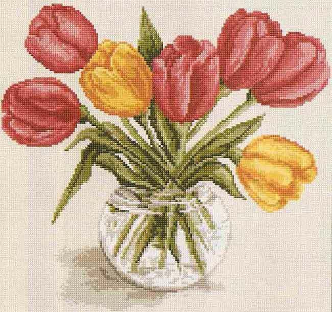 tulipes broderie Croix: plan de croix bouquet de rouge sur noir