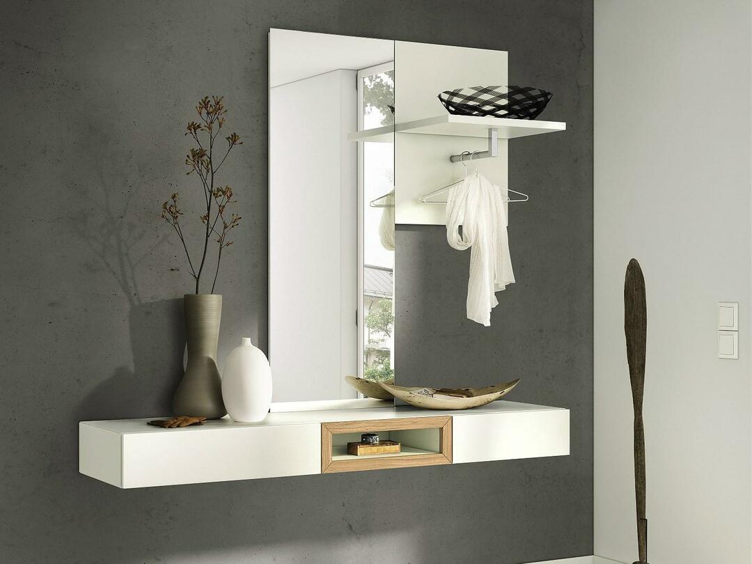 Kast met spiegel in de hal: een foto van de gang, het model tafels voor schoenen, hanger smalle, hoekige opening
