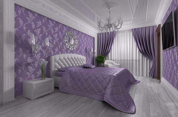 Purpurowy sypialnia tone i projektowania zdjęć, kolory we wnętrzu, z białymi meblami i ściana szary, beżowy i czarny