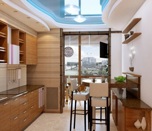 The stunning design of the kitchen 10 sq m with a balcony