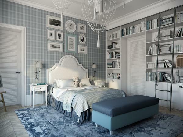 Bedroom in blue colors: brown and tender, design and photo, walls in white and gray, interior with furniture