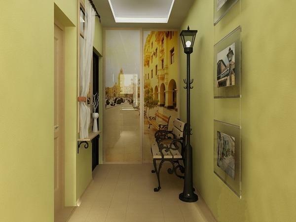 The use of photo wallpapers with perspective widens the narrow sections in the hallway