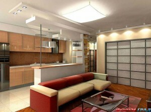 Combining the room and a kitchen with a breakfast bar separation zones