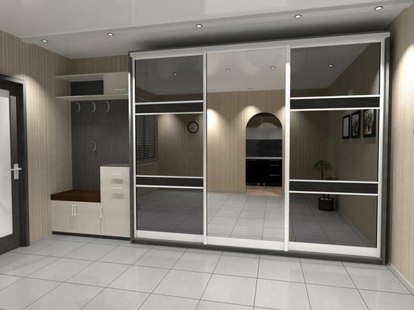Closet with a mirror in the hallway: a photo of the mirror and corner in the corridor, fashionable sandblasting, height 250 cm, with a locker and two-door
