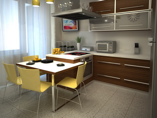 Cucina design 9 mq: angolare, dispone di un balcone e gli altri, il progetto, video e foto