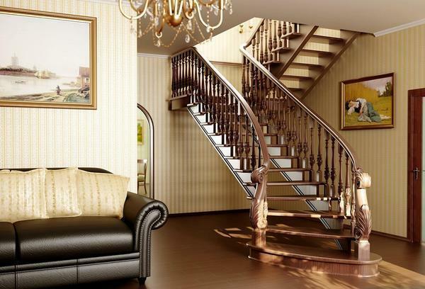 Bel escalier: le meilleur et bon dans la maison, une photo avec une levée pratique et dimensions de bois sur la deuxième solutions de plancher