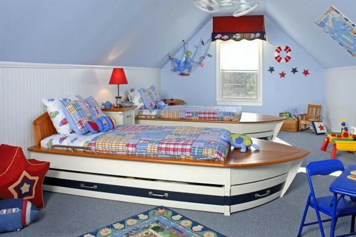 Design a child's room for two children: a small bedroom interior view of beds