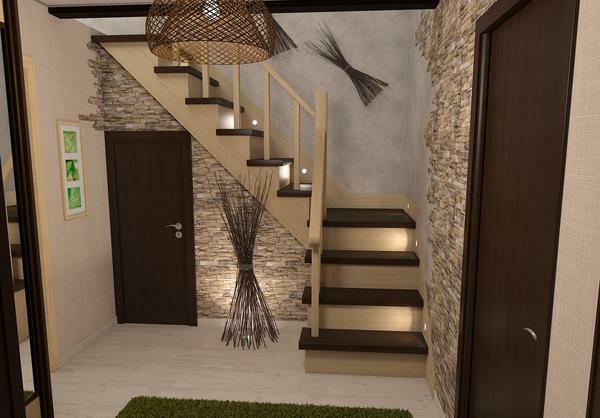 Walls in the hallway in a private house can be decorated with wallpaper simulating a brick or natural stone
