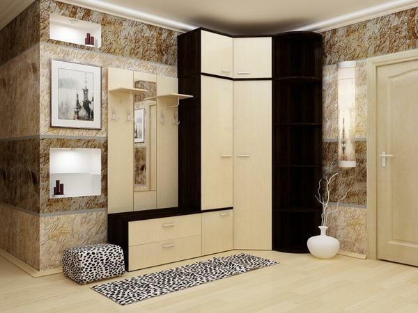 In the interior of the hallway and corridor, a stylish corner cabinet with a small mirror