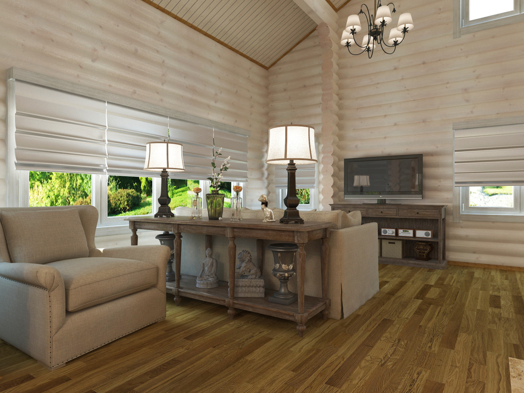 Interior room in a wooden house: the design of the cottage, the options for dining