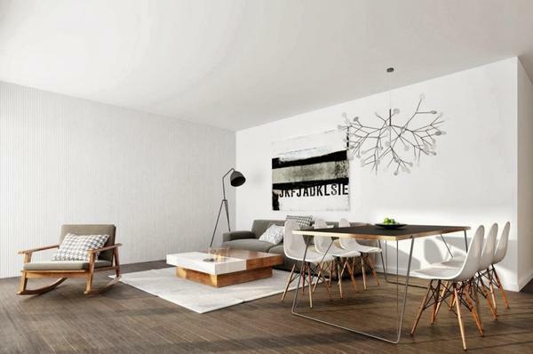 Vivere nello stile di minimalismo: una foto degli interni, mobili di design moderno soggiorno con divano, TV al solito