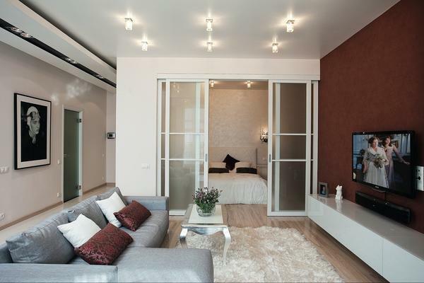 Room 17 square. M bedroom-living room photo: design and zoning, modern combined interior, rectangular bedroom
