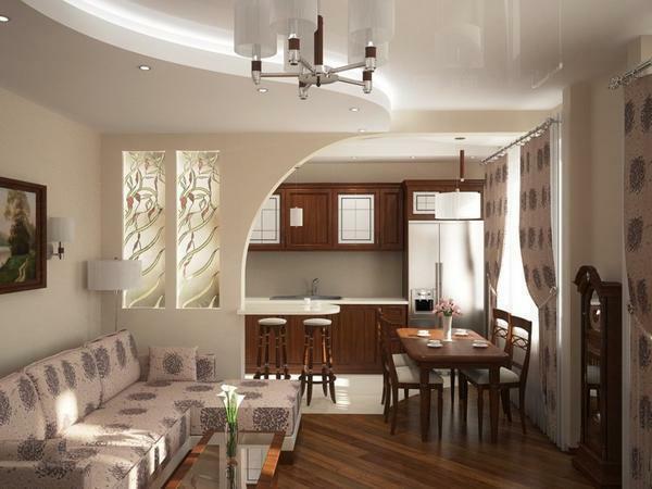 Kitchen-living room interior in a private house photo: design and combination of a dining room, hall layout