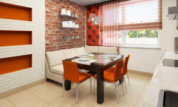 Orange Vorhänge: das Foto im Inneren, Küche mit weiß und braun, Wandgestaltung, die in die Wohnzimmer Vorhänge passen